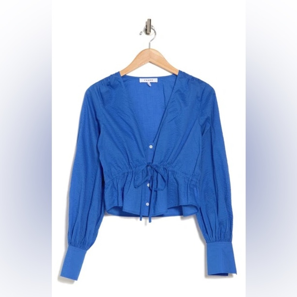 Frame Denim Long Sleeve Blue Tie Front Cotton Blouse